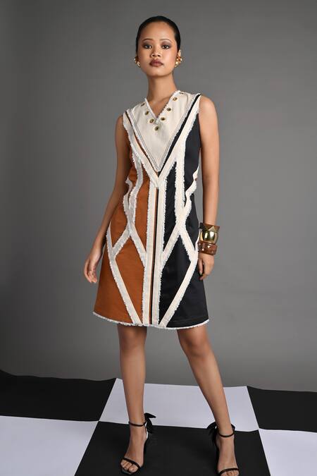 Buy_Veera Wear_Rust Cotton, Denim V-neck Iris Dress _Online_at_Aza_Fashions