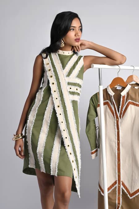 Buy_Veera Wear_Green Cotton, Denim Studs High Neck Linear Luxe Shift Dress _Online_at_Aza_Fashions