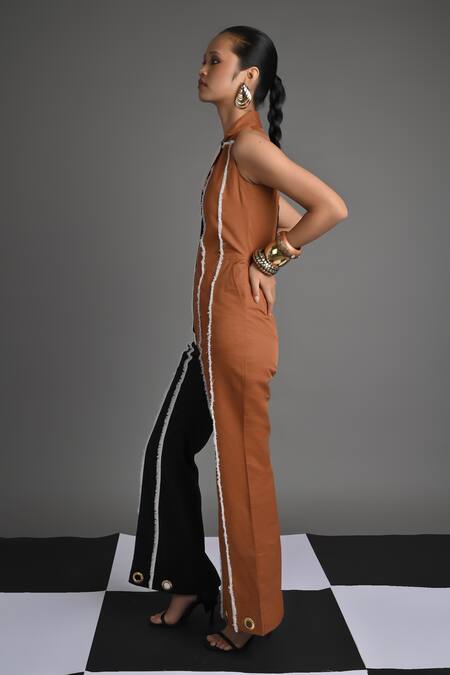 Veera Wear_Black Cotton, Denim Collared Dual Current Jumpsuit _Online_at_Aza_Fashions