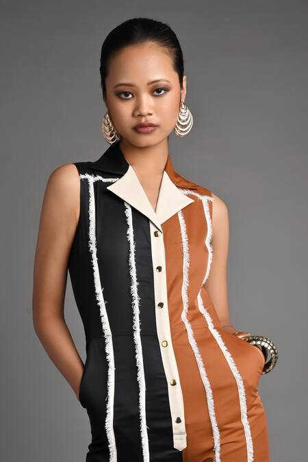 Shop_Veera Wear_Black Cotton, Denim Collared Dual Current Jumpsuit _Online_at_Aza_Fashions