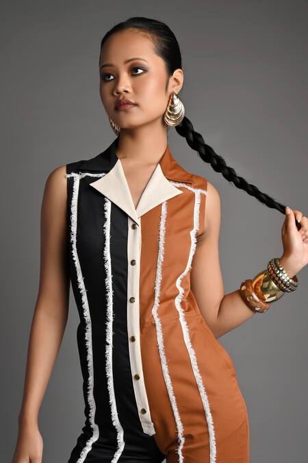 Veera Wear_Black Cotton, Denim Collared Dual Current Jumpsuit _at_Aza_Fashions