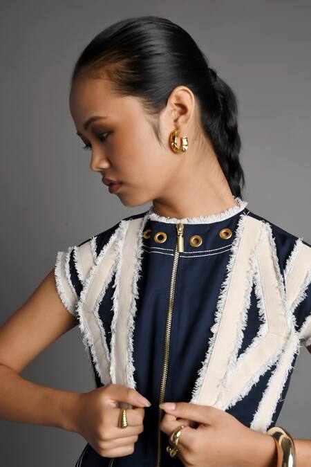 Veera Wear_Navy Cotton, Denim Metallic Thread, Studs, Harbor Stripe Dress With Jacket _Online_at_Aza_Fashions