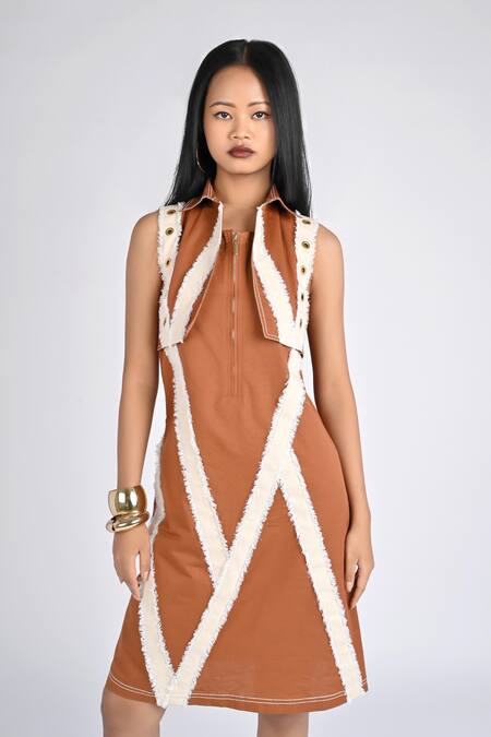 Veera Wear_Rust Cotton, Denim Fringe Collared Terracotta Chevron Zip Dress _Online_at_Aza_Fashions