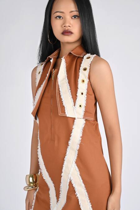 Buy_Veera Wear_Rust Cotton, Denim Fringe Collared Terracotta Chevron Zip Dress _Online_at_Aza_Fashions