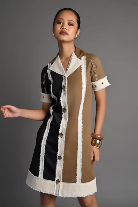 Veera Wear_Black Cotton, Denim Collared Mosaic Shirt Dress _Online_at_Aza_Fashions