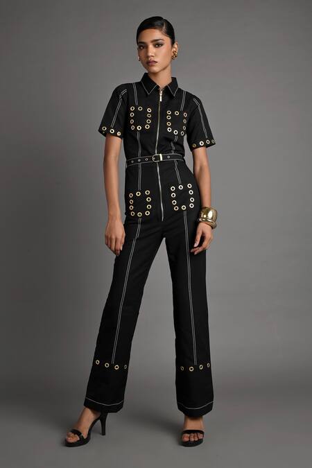 Veera Wear_Black Cotton Studs Collared Urban Vault Jumpsuit _Online_at_Aza_Fashions