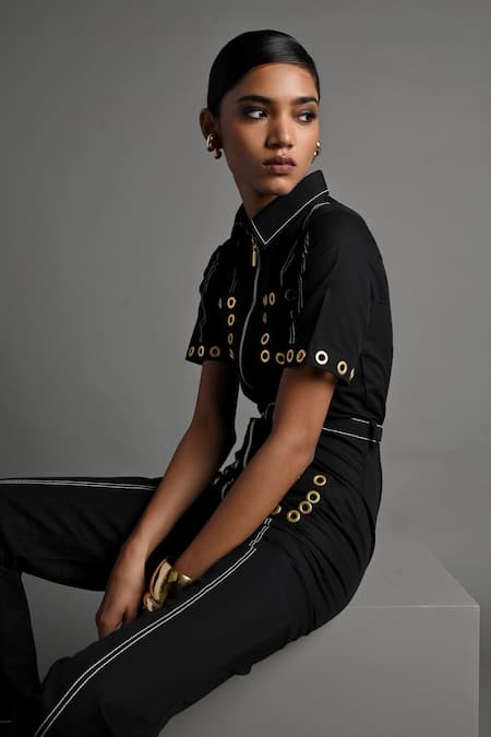 Buy_Veera Wear_Black Cotton Studs Collared Urban Vault Jumpsuit _Online_at_Aza_Fashions