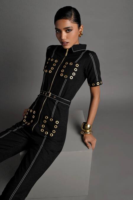 Shop_Veera Wear_Black Cotton Studs Collared Urban Vault Jumpsuit _Online_at_Aza_Fashions