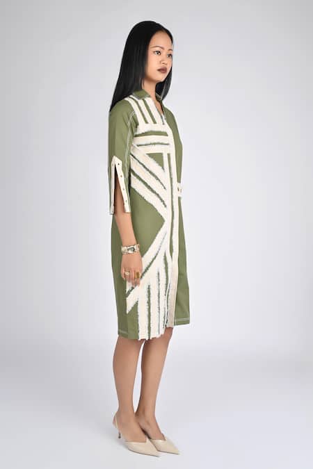 Veera Wear_Olive Green Cotton, Denim Collared, V-neck Verdant Ascent Dress _Online_at_Aza_Fashions