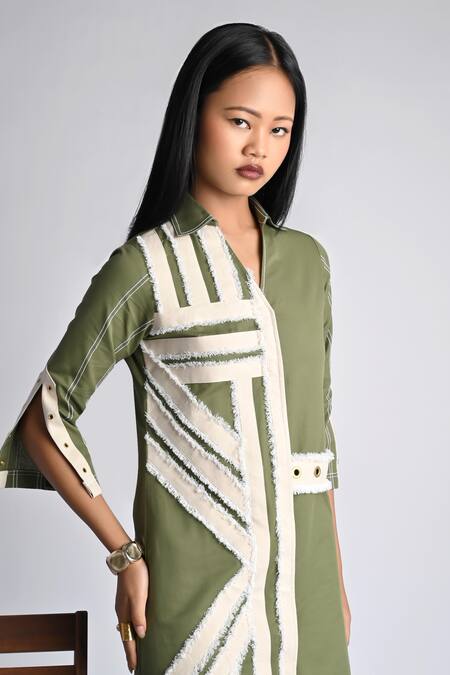 Buy_Veera Wear_Olive Green Cotton, Denim Collared, V-neck Verdant Ascent Dress _Online_at_Aza_Fashions