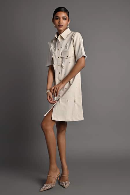 Veera Wear_Off White Denim Pearls Collared Ivory Shell Dress _Online_at_Aza_Fashions