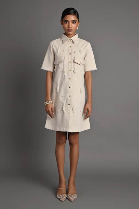 Buy_Veera Wear_Off White Denim Pearls Collared Ivory Shell Dress _Online_at_Aza_Fashions