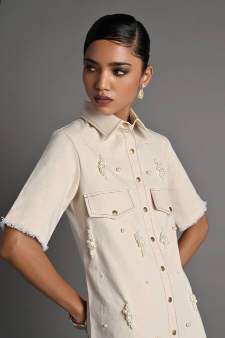Shop_Veera Wear_Off White Denim Pearls Collared Ivory Shell Dress _Online_at_Aza_Fashions