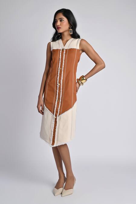 Veera Wear_Rust Cotton, Denim Fringe V-neck Horizon Trace Dress _Online_at_Aza_Fashions
