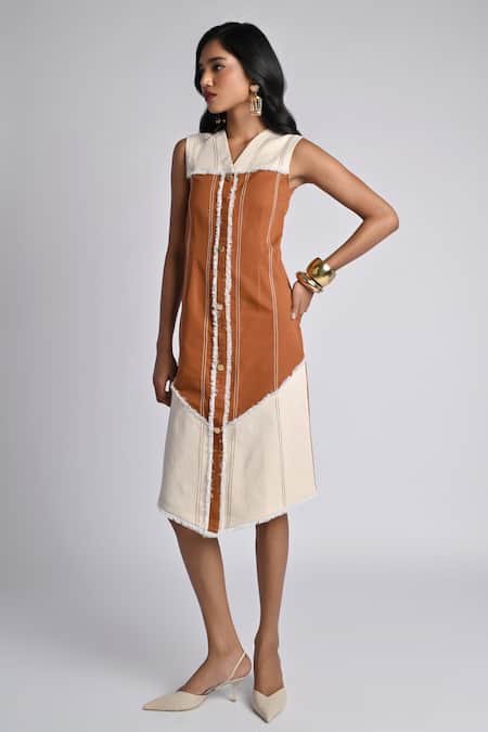 Shop_Veera Wear_Rust Cotton, Denim Fringe V-neck Horizon Trace Dress _Online_at_Aza_Fashions