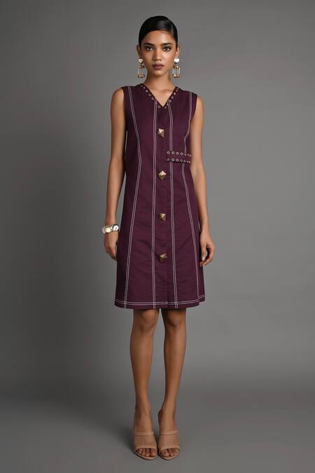 Veera Wear_Purple Cotton Studs V-neck Pinch Violet Dress _Online_at_Aza_Fashions