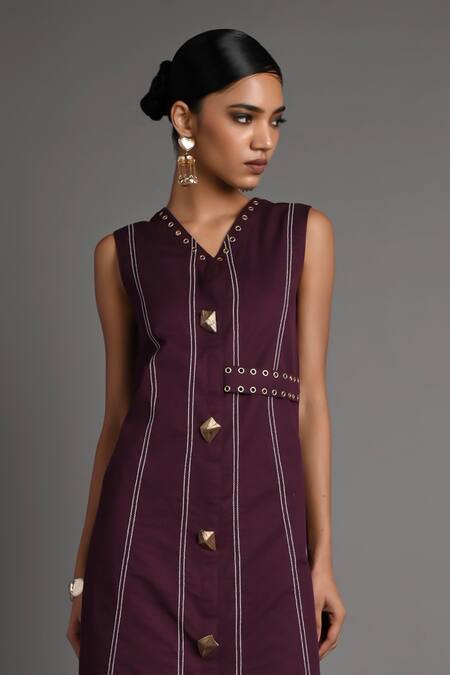 Buy_Veera Wear_Purple Cotton Studs V-neck Pinch Violet Dress _Online_at_Aza_Fashions