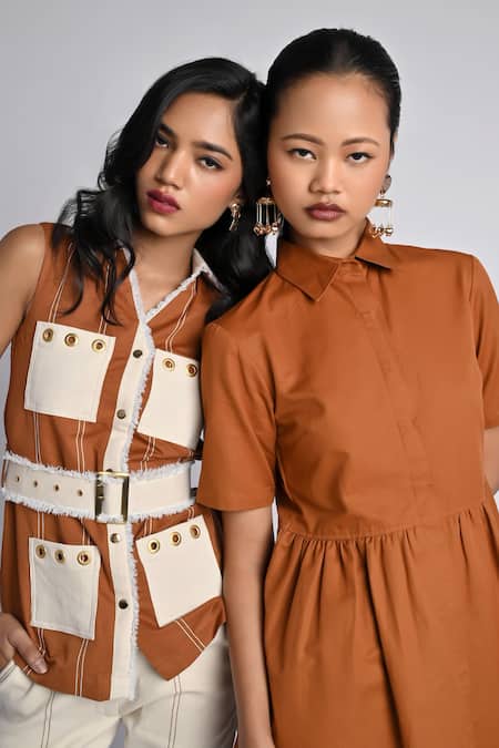 Veera Wear_Rust Cotton, Denim Collared Vista Loop Dress _at_Aza_Fashions