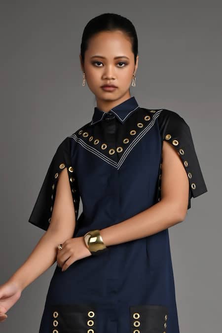 Buy Veera Wear Navy Cotton Studs Collared Indigo Vault Dress Online at Aza Fashions Buy_Veera Wear_Navy Cotton Studs Collared Indigo Vault Dress _Online_at_Aza_Fashions