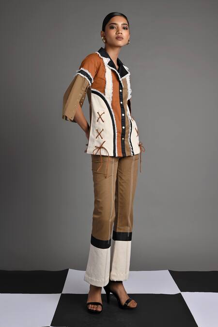 Veera Wear_Multi Color Cotton, Denim Lace Collared Sierra Edge Panel Top And Trouser Set _Online_at_Aza_Fashions