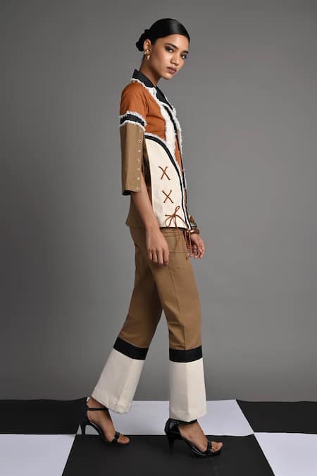 Buy_Veera Wear_Multi Color Cotton, Denim Lace Collared Sierra Edge Panel Top And Trouser Set _Online_at_Aza_Fashions