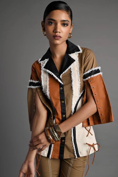 Veera Wear_Multi Color Cotton, Denim Lace Collared Sierra Edge Panel Top And Trouser Set _at_Aza_Fashions