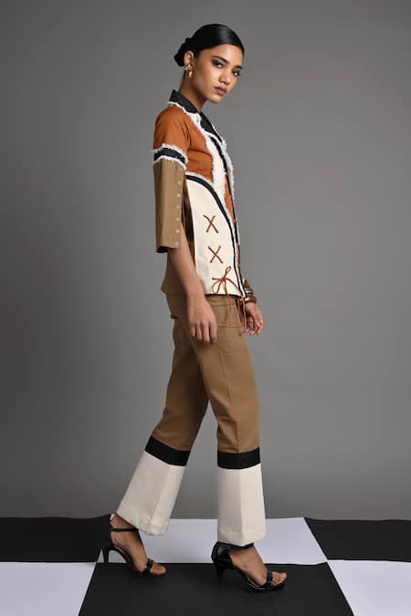 Veera Wear_Multi Color Cotton, Denim Piping, Studs, Lace Collared Sierra Edge Panel Top _Online_at_Aza_Fashions