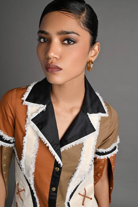 Shop_Veera Wear_Multi Color Cotton, Denim Piping, Studs, Lace Collared Sierra Edge Panel Top _Online_at_Aza_Fashions