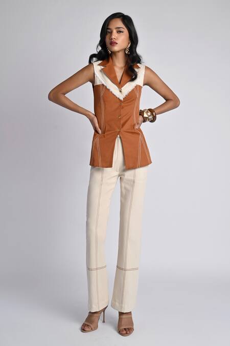 Shop_Veera Wear_Rust Cotton, Denim Collared Desert Dusk Sleeveless Top _Online_at_Aza_Fashions