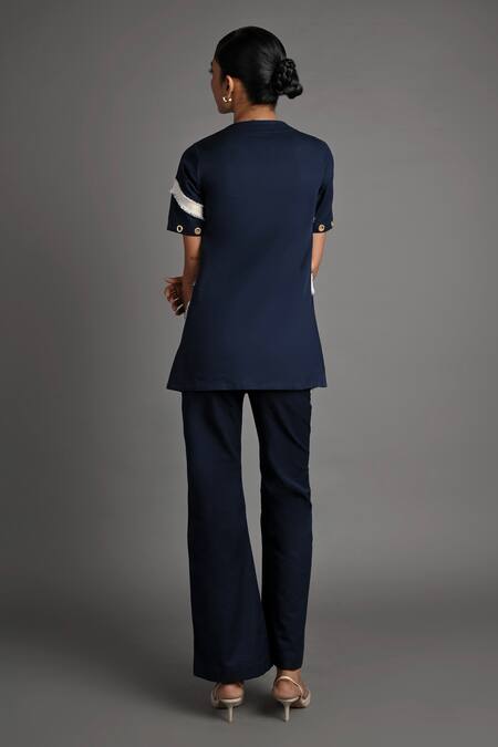 Veera Wear_Navy Cotton, Denim Studs V-neck Circuit Top _Online_at_Aza_Fashions