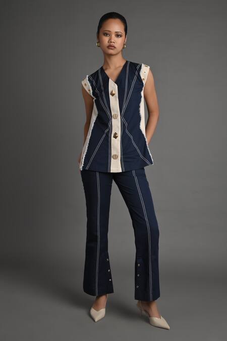 Buy_Veera Wear_Navy Cotton, Denim Studs V-neck Circuit Top _Online_at_Aza_Fashions