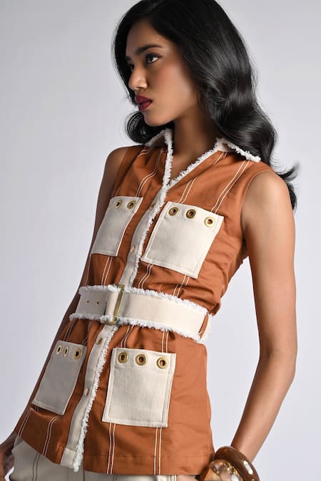 Veera Wear_Rust Cotton, Denim Buckles, Studs Collared Safari Luxe Top And Trouser Set _at_Aza_Fashions