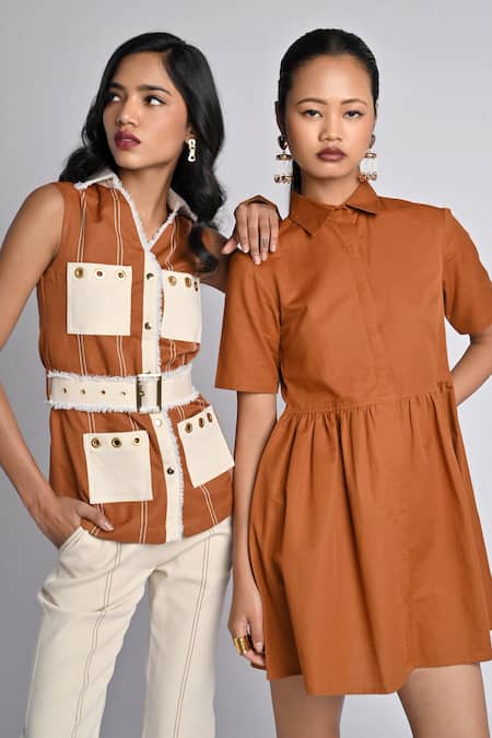 Buy_Veera Wear_Rust Cotton, Denim Buckles, Studs Collared Safari Luxe Top And Trouser Set 