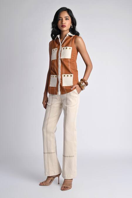 Veera Wear_Rust Cotton, Denim Collared Safari Luxe Utility Top _Online_at_Aza_Fashions