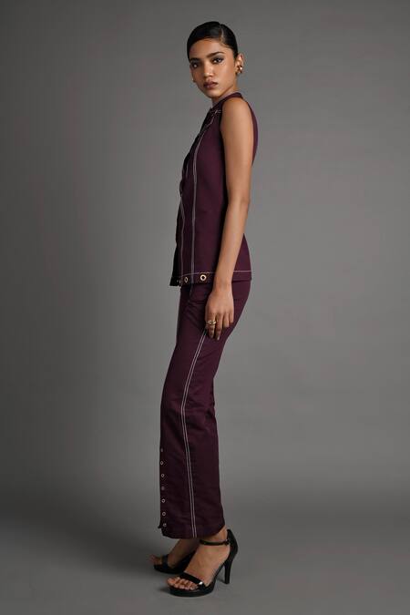 Veera Wear_Purple Cotton Studs Mandarin Collar Merlot Muse Co-ord Set _Online_at_Aza_Fashions