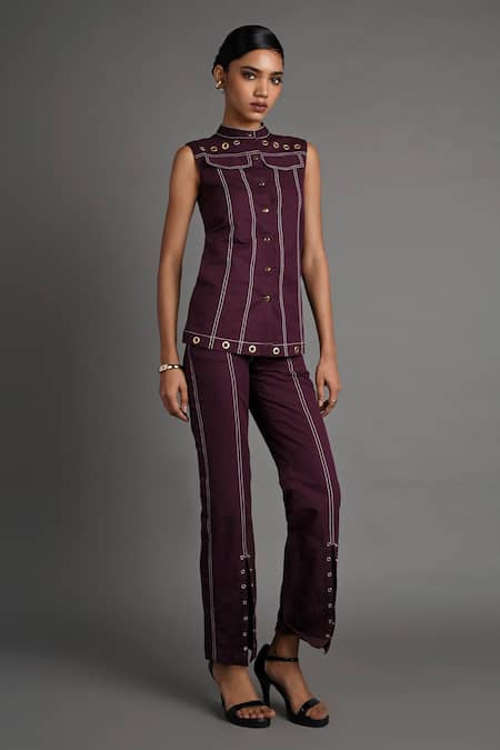Buy_Veera Wear_Purple Cotton Studs Mandarin Collar Merlot Muse Co-ord Set _Online_at_Aza_Fashions