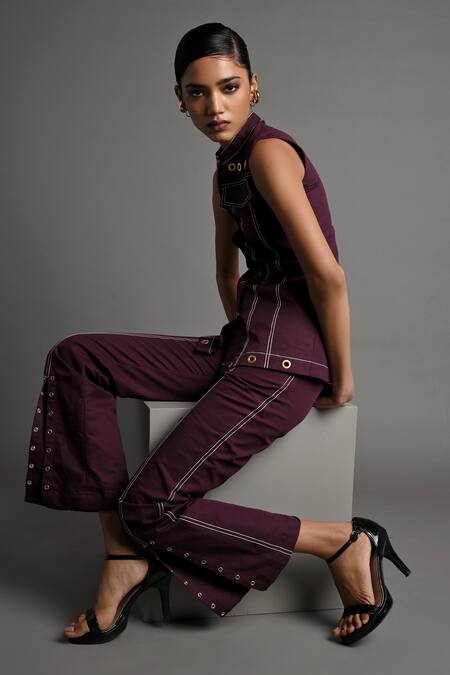 Shop_Veera Wear_Purple Cotton Studs Mandarin Collar Merlot Muse Co-ord Set _Online_at_Aza_Fashions