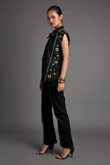 Veera Wear_Black Cotton Studs Collared Noir Ember Co-ord Set _Online_at_Aza_Fashions