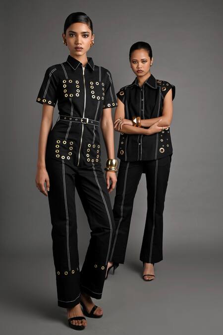 Buy_Veera Wear_Black Cotton Studs Collared Noir Ember Co-ord Set _Online_at_Aza_Fashions