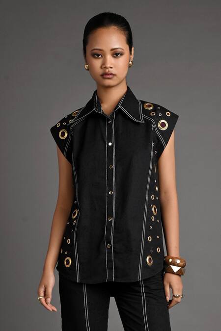 Veera Wear_Black Cotton Studs, Metallic Thread Collared Noir Ember Shirt _Online_at_Aza_Fashions
