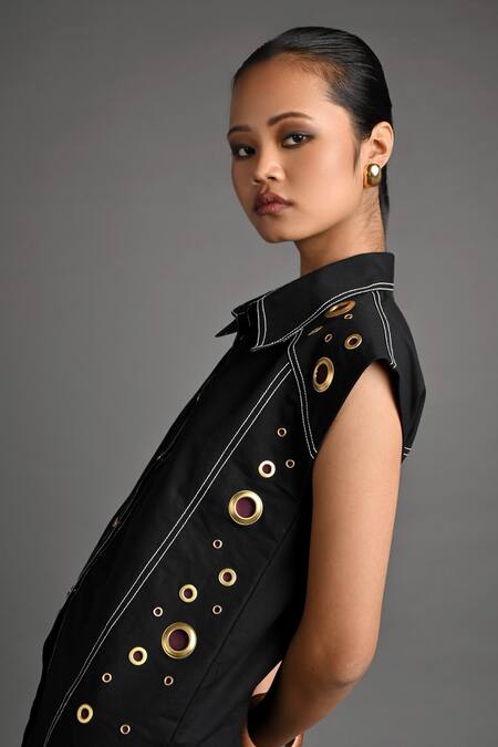 Veera Wear_Black Cotton Studs, Metallic Thread Collared Noir Ember Shirt _at_Aza_Fashions