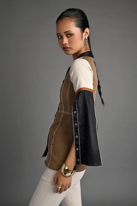 Veera Wear_Olive Green Cotton, Denim Collared Contour Flare Sleeve Top And Trouser Set _Online_at_Aza_Fashions