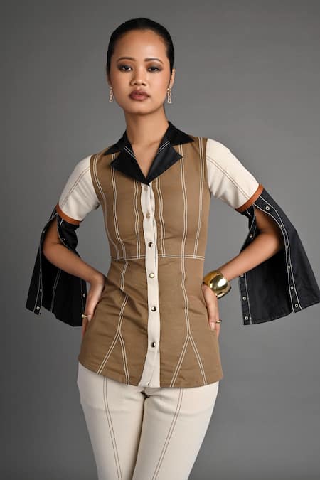 Buy_Veera Wear_Olive Green Cotton, Denim Collared Contour Flare Sleeve Top And Trouser Set _Online_at_Aza_Fashions