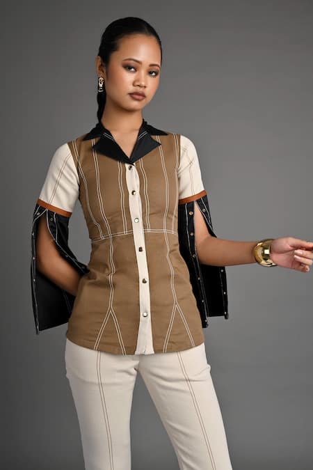 Shop_Veera Wear_Olive Green Cotton, Denim Collared Contour Flare Sleeve Top And Trouser Set _Online_at_Aza_Fashions