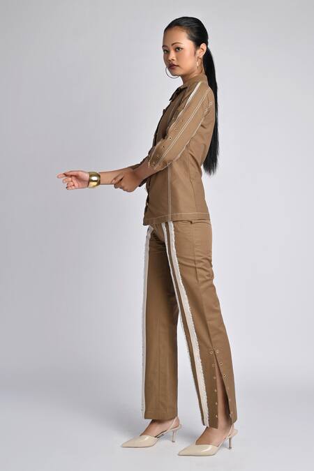 Veera Wear_Olive Green Cotton, Denim Embroidery, Studs, Zari Collared Skewline Co-ord Set _Online_at_Aza_Fashions