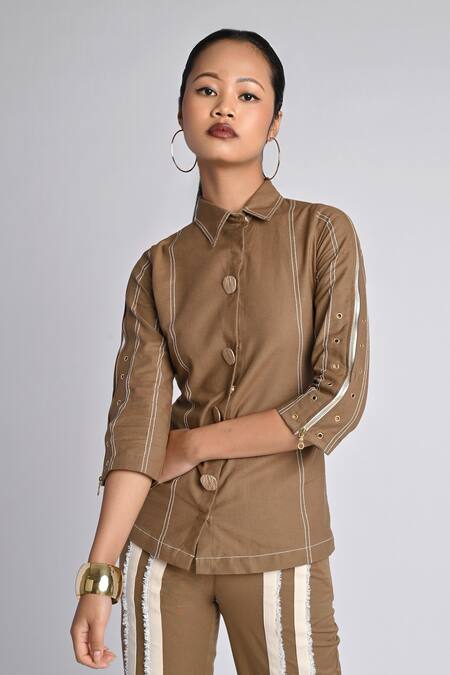 Shop_Veera Wear_Olive Green Cotton, Denim Embroidery, Studs, Zari Collared Skewline Co-ord Set _Online_at_Aza_Fashions