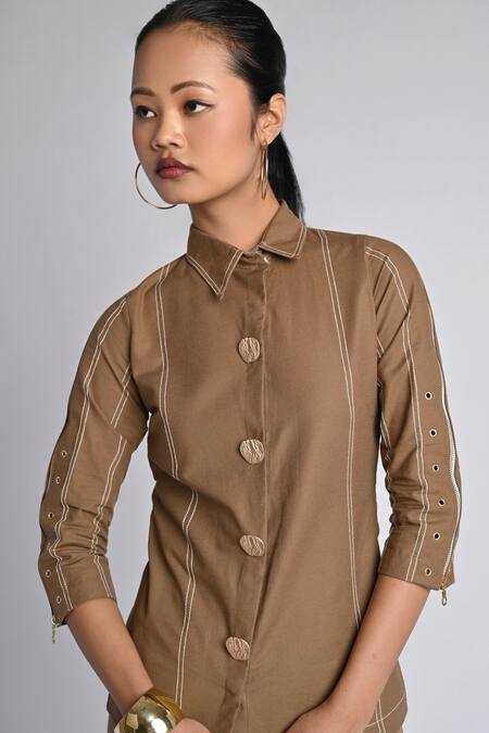 Veera Wear_Olive Green Cotton, Denim Embroidery, Studs, Zari Collared Skewline Co-ord Set _at_Aza_Fashions