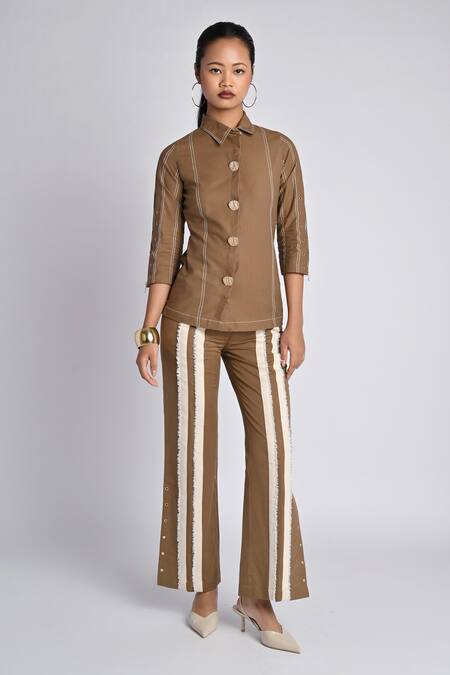 Veera Wear_Olive Green Cotton Collared Skewline Shirt _Online_at_Aza_Fashions