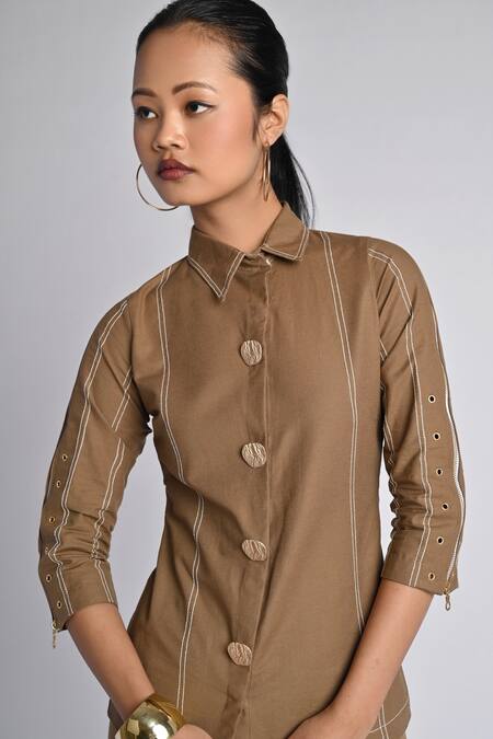 Buy_Veera Wear_Olive Green Cotton Collared Skewline Shirt _Online_at_Aza_Fashions
