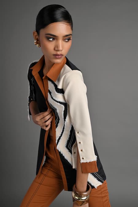 Veera Wear_Black Cotton, Denim Collared Echo Sculpted Shirt _Online_at_Aza_Fashions